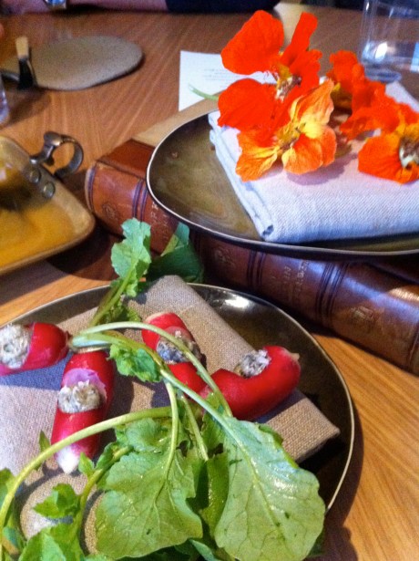 More pre dinner tasters: radish with seaweed butter and stuffed nasturtium flower