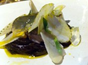 Mackerel with mermaid's hair (seaweed) and slices of almost raw strawberry