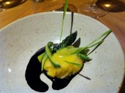 Buttery buttery mash with asparagus, grass and coal emulsion