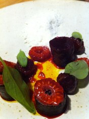 sweet rich beetroot and raspberry with a subtle horseradish snow