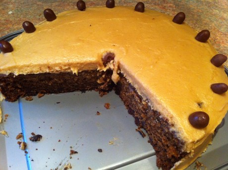 Banana and chocolate chip cake with peanut butter icing