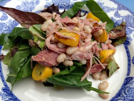 Ham hock, bean, yellow courgette and lovage salad with honey mustard dressing